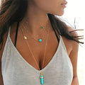 Modern Fashion Gold Long Bohemian Pendant Necklace Turquoise Layered Necklace