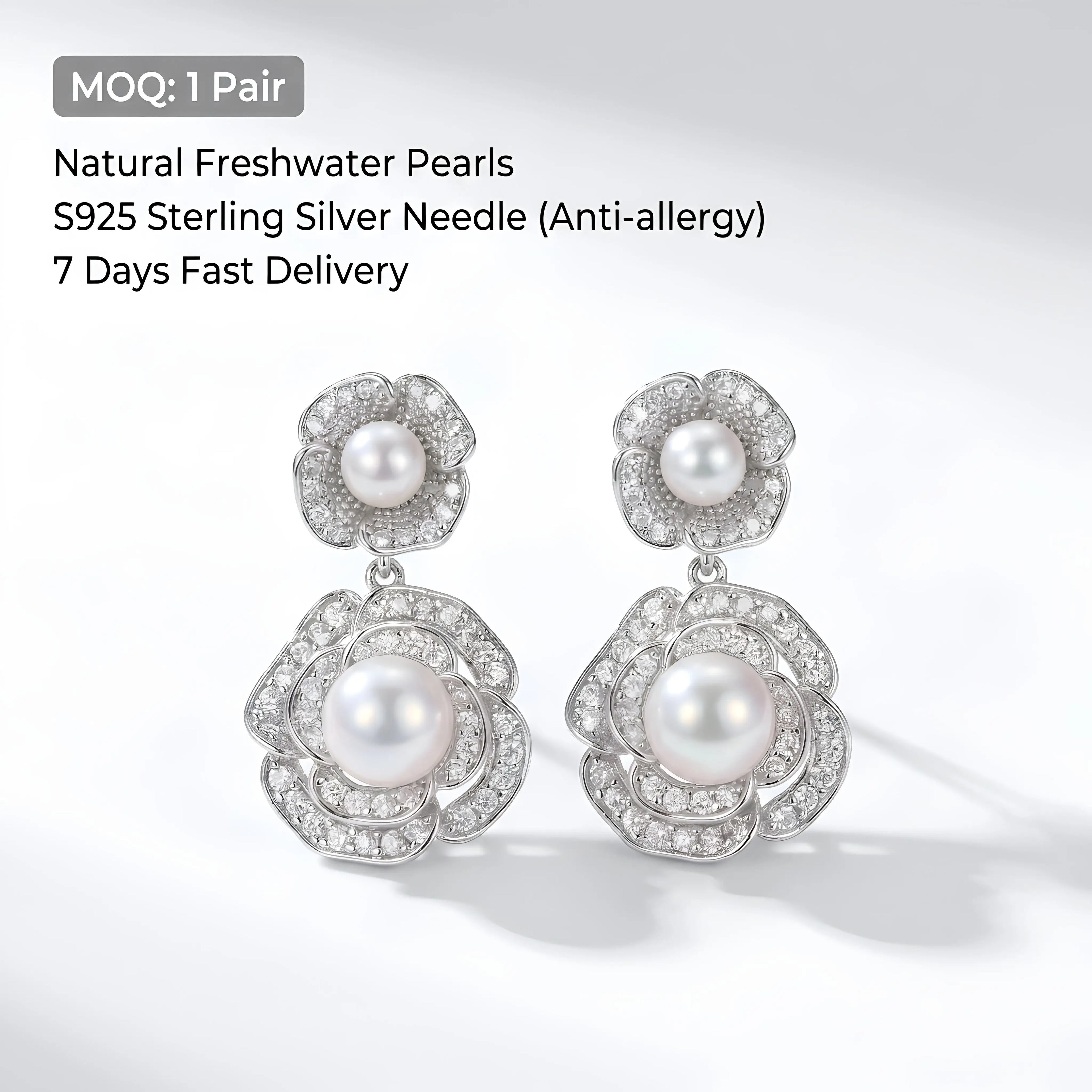 Luxury Natural Freshwater Pearl Camellia Flower Stud Earrings Silver Post Anti-allergy Zirconia Jewelry for Women
