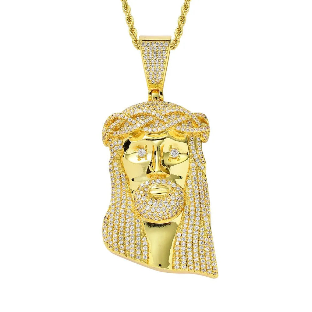 European and American Retro Cross-border Necklace Jesus Head Pendant Micro-inset Zircon 92mm High Pendant Hip Hop Jewelry