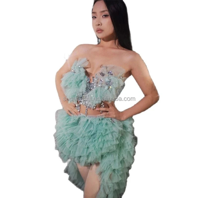 Green Mermaid Dress Designer Summer Clothes Tulle Lace Pleated Flower Patch Fairy Sequence Evening Dresses