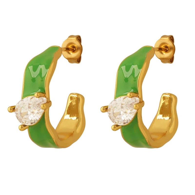 Design Enamel Zirconia Earrings Brass Material Geometric Bright Green Earrings