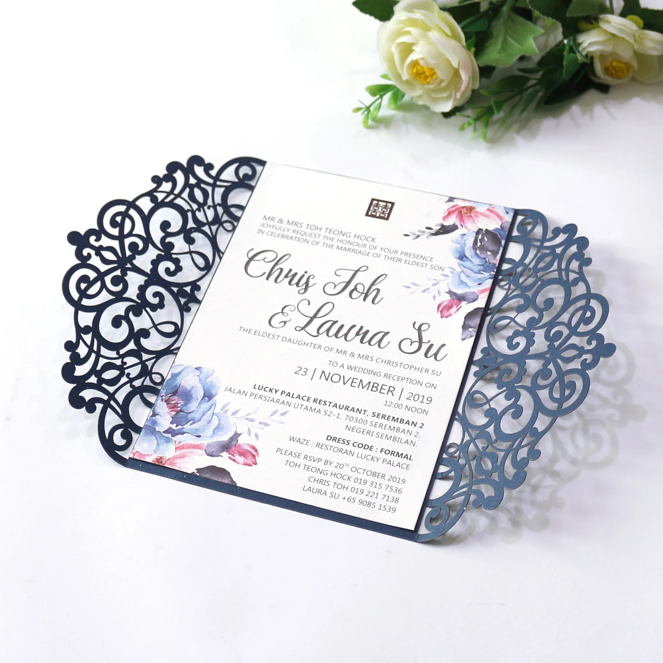 Dark Blue Hollow Laser Cut Wedding Australian Style with Extravagant Wedding Invitations with Envelope