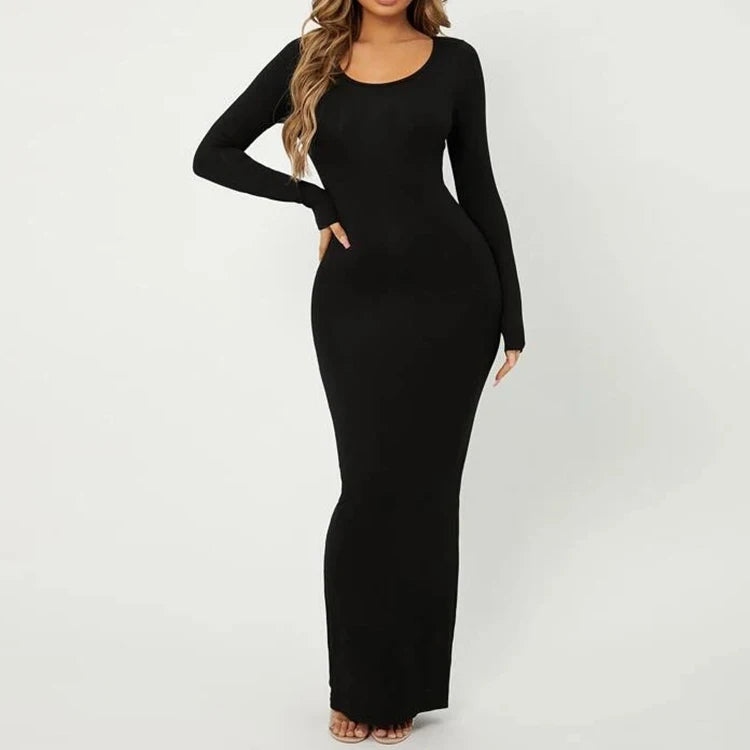 F230159 Custom Logo Women's Clothing Casual Fall Solid Color Pencil Maxi Dress Long Sleeve Bodycon Elegant Ladies Party Dress