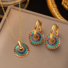 Hot Sale Premium Patterned Earrings Necklace Jewelry Stainless Steel Necklace Vintage Painted Daisy Necklace Gifts for Women