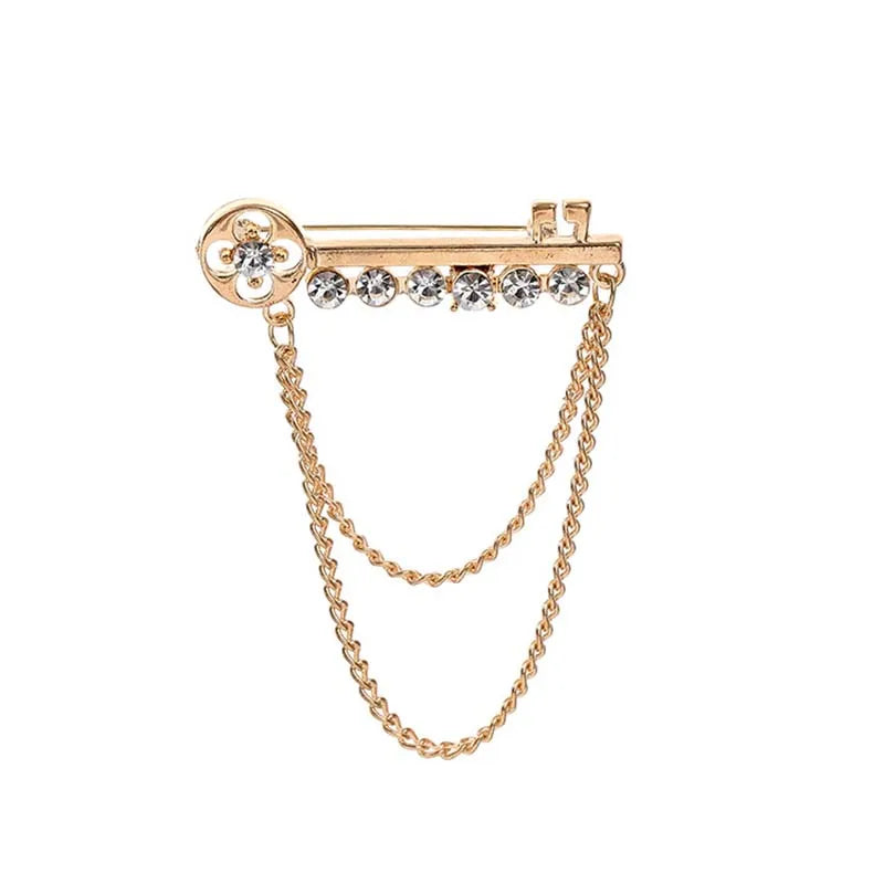Fashion Rhinestone Key Tassel Chain Lapel Pin Cardigan Shirt Buckle Collar Pin Brooch Clip Gold Silver Men's Suit blazer Brooch