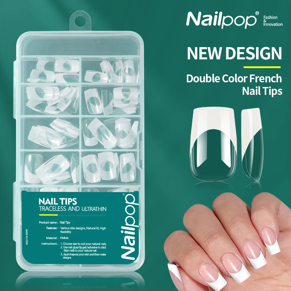 Nailpop White Pink Coffin Press-On False Nail Tips Full Cover French Gel Extensions Home DIY Salon Artificial Fingernails