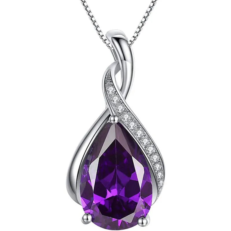 Huitan 2021 Water Drop Pendant Necklaces Big Pear Colorful Gemstone Mujer Charming Twisted Silver Necklaces Women