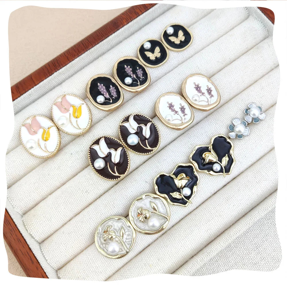 Various Designs Oil Painting Garden Enamel Flowers Gold Studs Natural Freshwater Pearl Oval Heart Butterfly Earrings for Gift