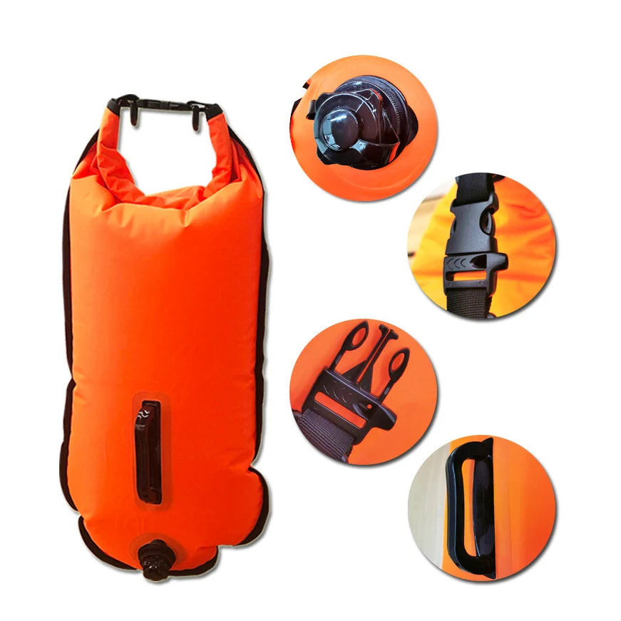 20L Inflatable Open Tow Float Dry Bag Double Air Bag Swimming Buoy with Waist Belt for Swimming Water Sport Storage Safety Bag