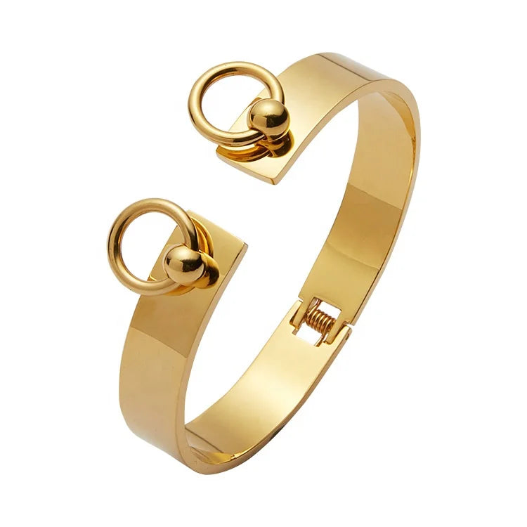 18K Gold Plated Stainless Steel Jewelry Double Round Ring Open Bangles Cuff Bracelets B8775