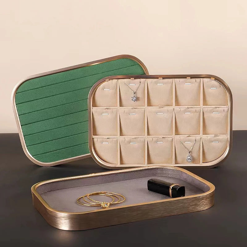 DOC New Luxury Metal with Microfiber Jewelry Display Tray for Ring Pendant Bangle Necklace Display Plates