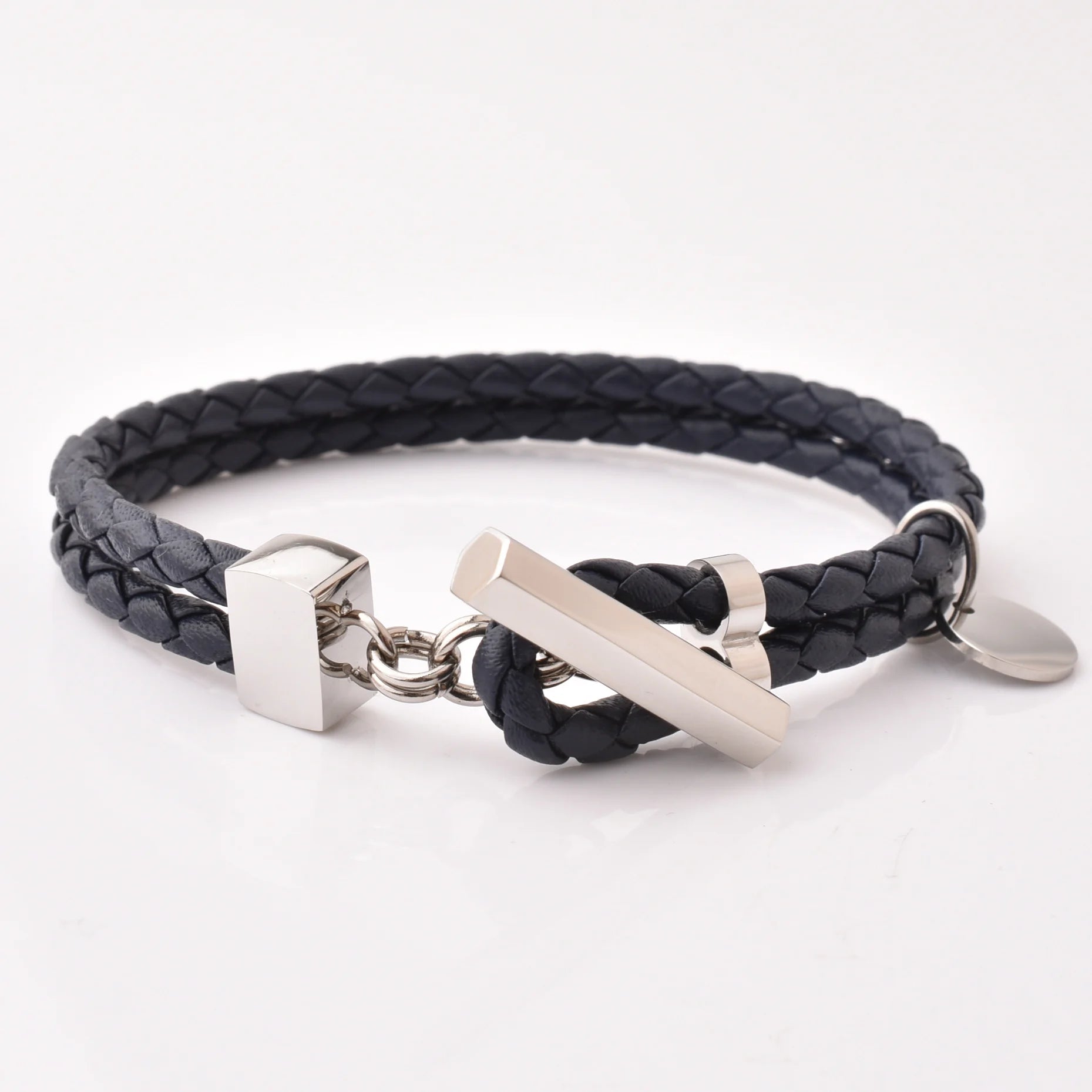 Custom Logo Stainless Steel Couple Bar Clasp Braided Leather Bracelet Men