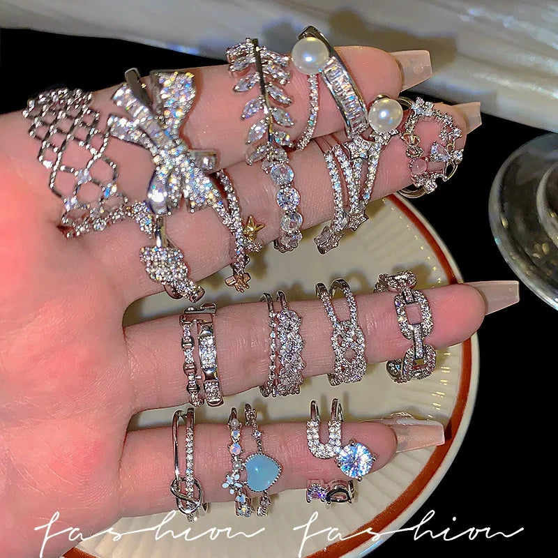 Adjustable Silver Plated Sparkling Zircon Trendy Heart Butterfly Finger Open Ring