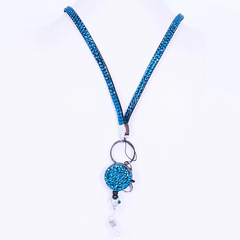 2 Pieces / Set Multi-functions Epoxy Craft Blue Simulate Rhinestone Cellphone Strap Keychain Student ID Card Badge Reel Lanyard