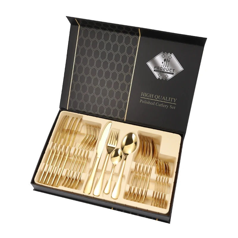 Knife Spoon Fork Set Gold Plating Cutlery 24PCS Stainless Steel Flatware Sets Cutlery Set MegaBDM