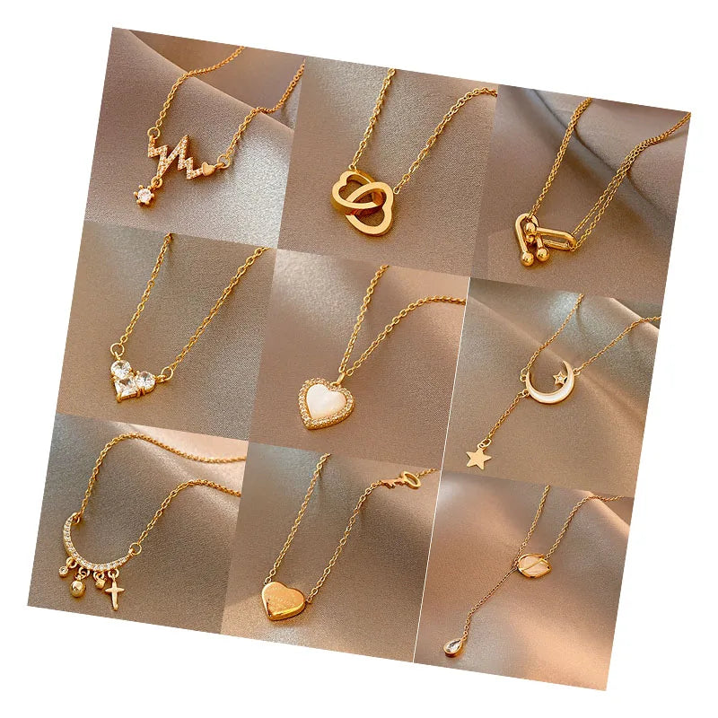 Stylish Stainless Steel Women's Gold Necklace Link Trendy Love Pendant Featuring Hollow Star Moon Simple Butterfly Design Pearl