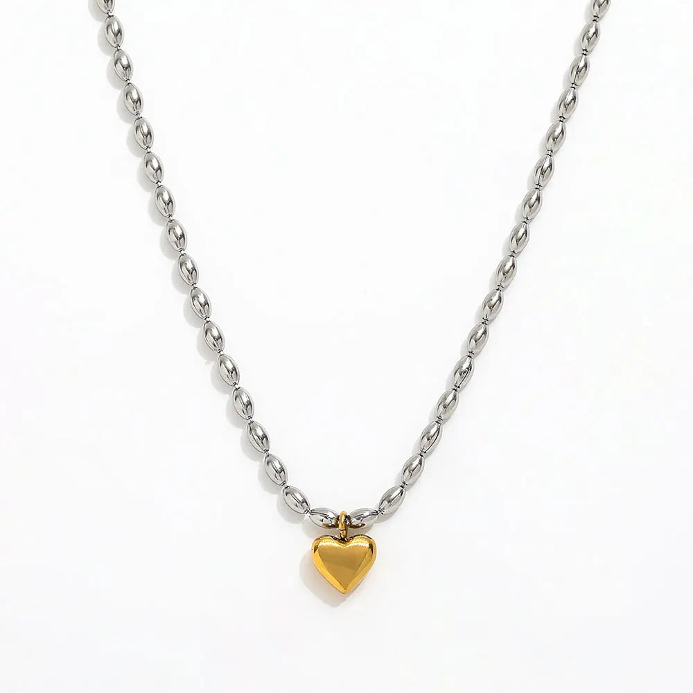 Joolim 18k Gold Plated PVD Chunky Bead Chain Heart Pendant Two-tone Necklace Stainless Steel Wholesale