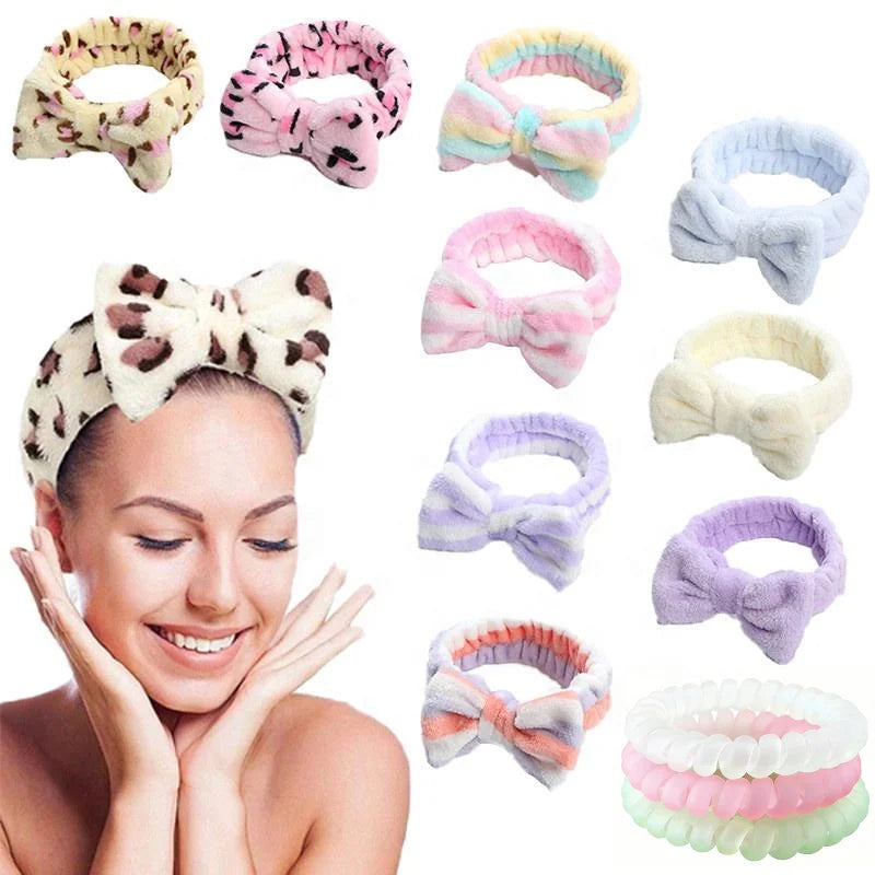 Wholesale Multi Colors Bow Hair Band Women Facial Makeup Head Band Soft Coral Fleece Head Wraps Spa Headband With Free Hair Loop