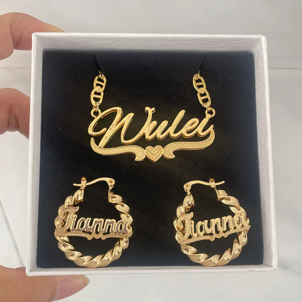 Qiuhan OEM Double Layer Nameplate Pendant Necklace Twist Earrings Hip Hop Custom Name Jewelry Set