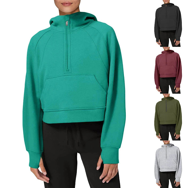 Women's Casual Autumn Winter Long Sleeve Sweatshirt Custom ODM Pullover Crewneck Half Zip Hoodie Embossed Printed Fitness
