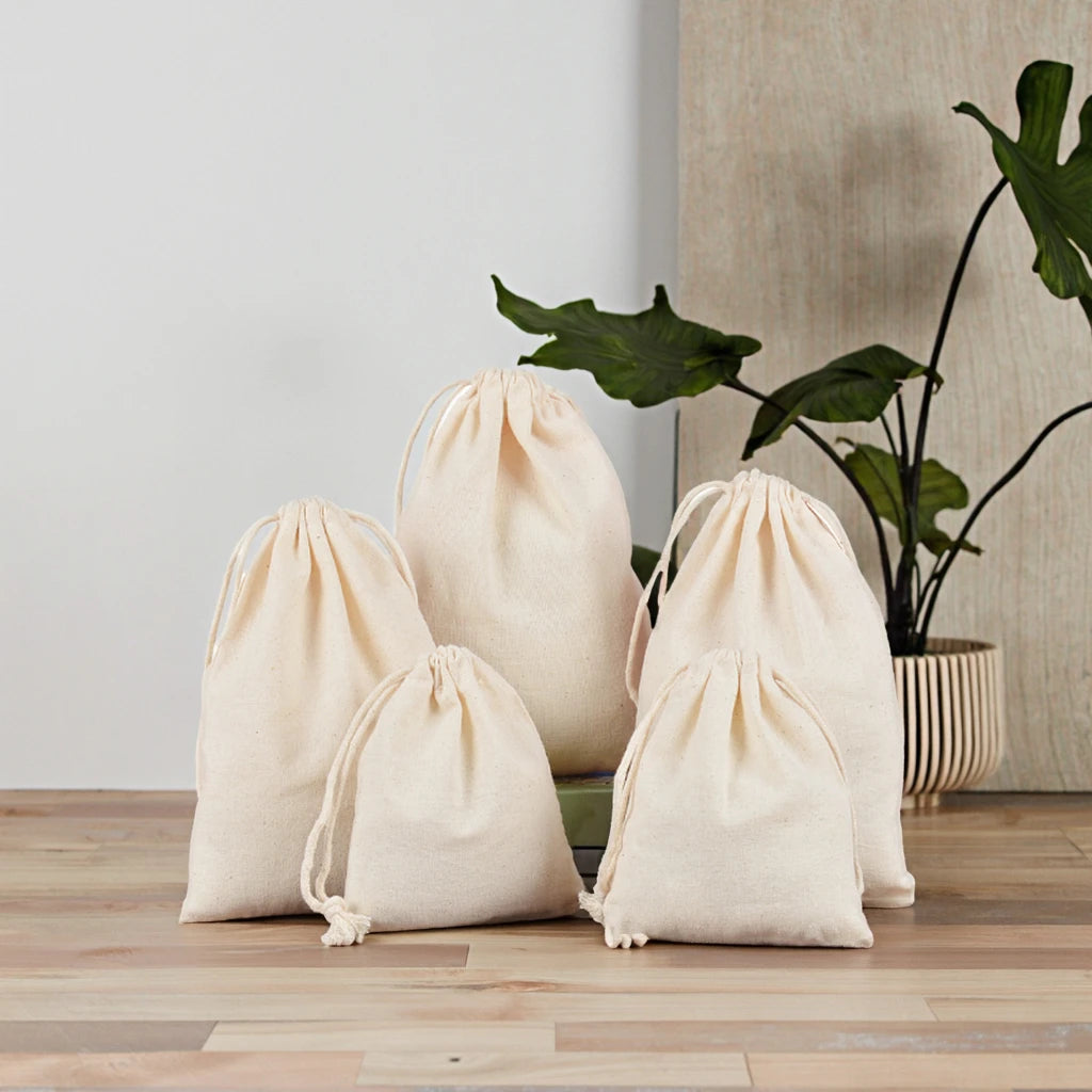 Customizable Logo 100% Cotton Drawstring Pocket Storage Bag Jewelry Natural Color Breathable Grain Rings Print Tea Spice Dust