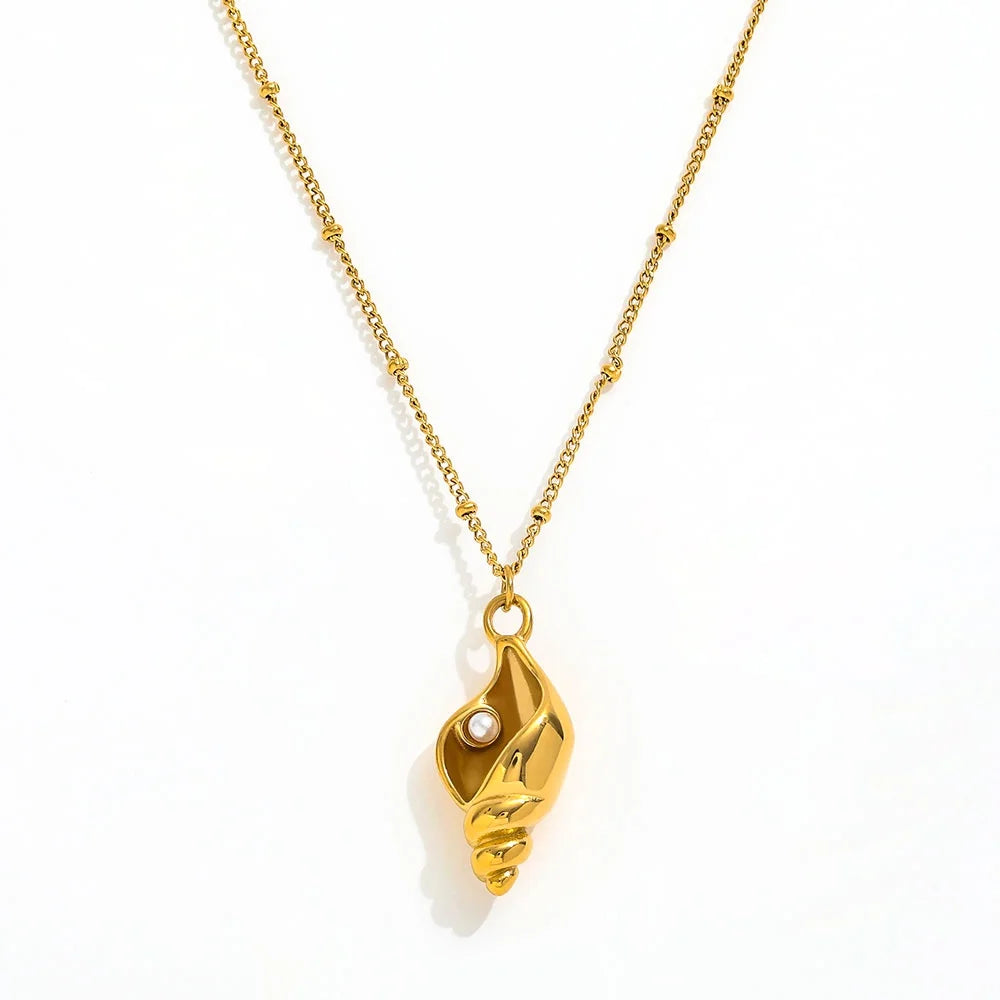 Joolim Jewelry 18K Gold Plated Dainty Chain Imitation Pearl Sea Snail Pendant Necklace Trendy Tarnish Free Gold Jewelry