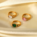 Luxury Oval Cz Paved Zircon Crystal Wedding Ring Gold Stainless Steel Waterproof Pink Green Gemstone Ring