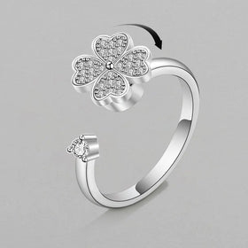 Silver Color Rings for Women Zirconia Lucky Four Leaf Clover Resizable Rings