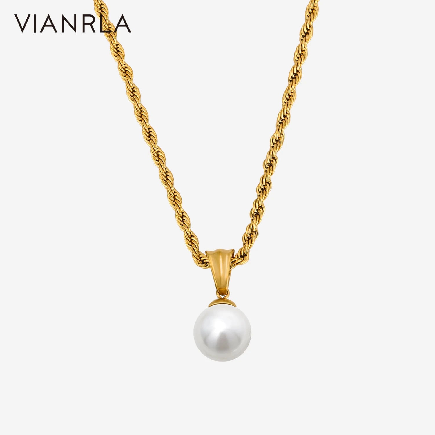 VIANRLA Stainless Steel Necklace Rope Chain With Pearl Pendant 18K Gold PVD Plated Fashion Jewelry