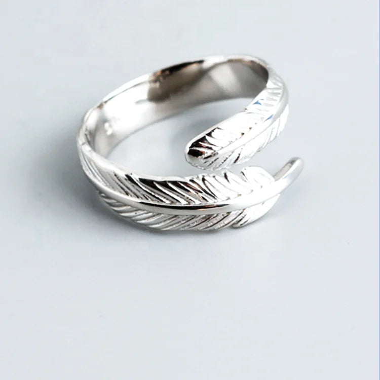 Classic 18K Gold  Plated 925 Sterling Silver Feather Adjustable Finger Ring Women Men