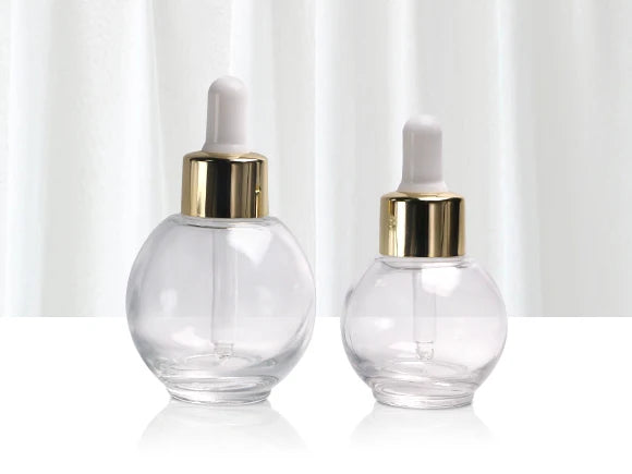 Empty Large Size Ball Shape clear Glass Cosmetic clear 70ml 75ml Essential Oil Bottle With Silver Dropper Cap White Rubber Top