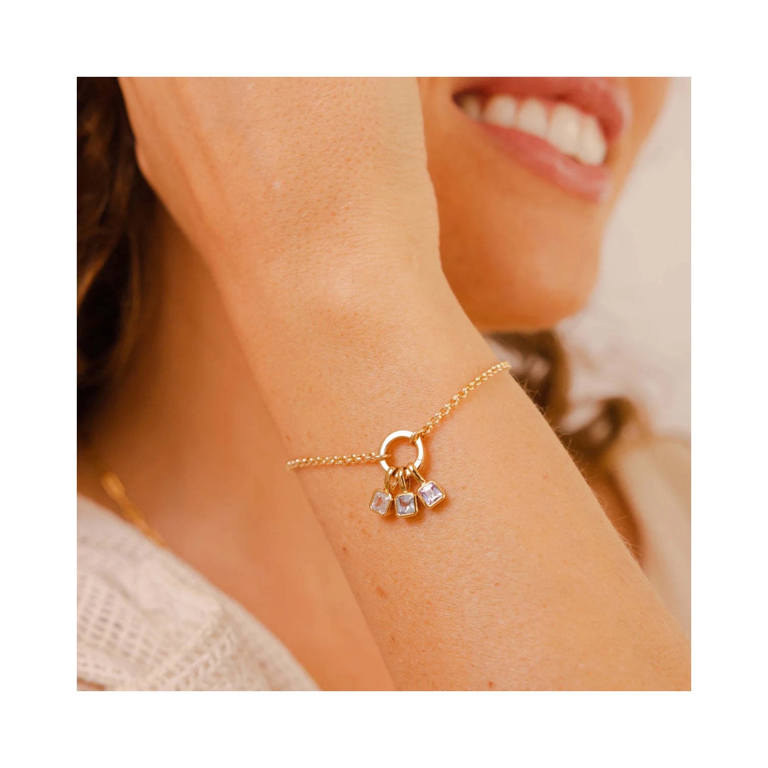 Dainty Birthday Gift Custom Gemstone Bracelet Stainless Steel Crystal Zircon Square Birthstone Pendant Bracelet for Women