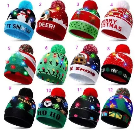 Custom 2026 LED Christmas Hat Decoration Supplies Light-Up Santa Claus Knitted Sweater Beanie Xmas Gift Hat for Kids and Adults