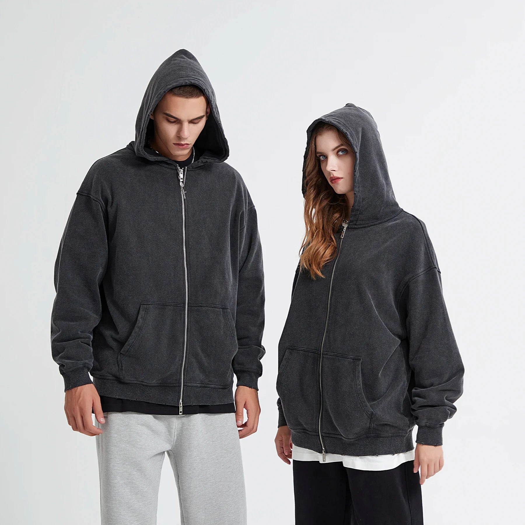 Heavyweight 420g Looped Zippered Hoodie Made of Pure Cotton Distressed Retro Edges Damaged Hoodie