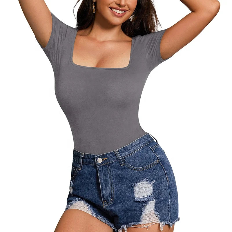 Wholesale square Neck Thong Leotard Bodysuit Tops Short Sleeve Bodysuits for Women Plus Size