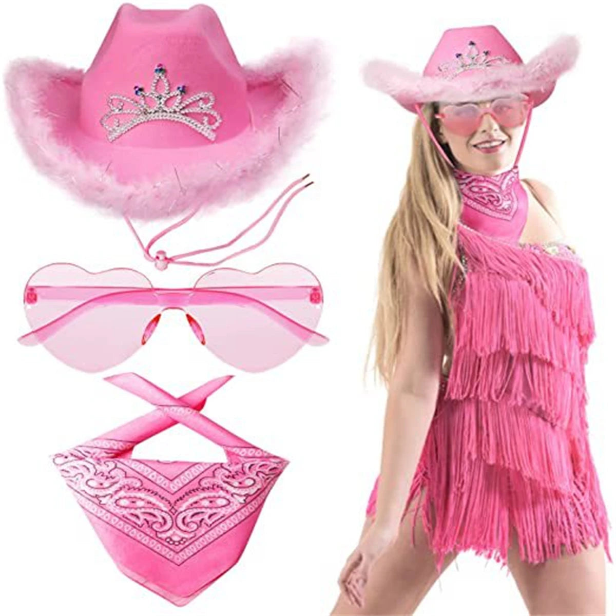 3PCS/Set Pink Cowgirl Hat Felt Cowboy Costume Hat Heart Glasses Bandana Party Costume Dress up
