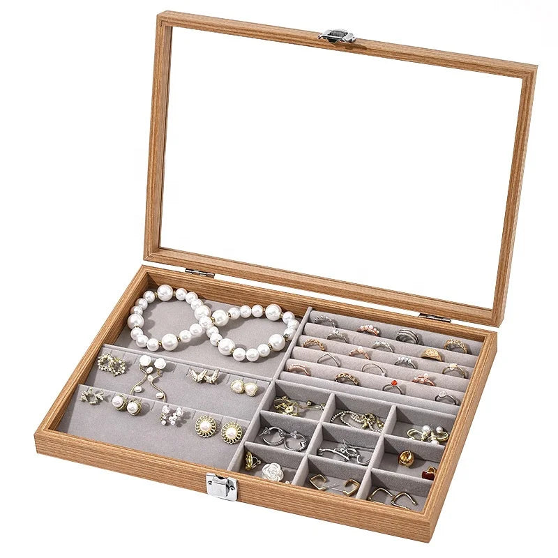 Vintage Wooden Jewelry Storage Organizer Box Rectangle Velvet Lining Ring Bracelet Earring Necklace Display Case Jewelry Holder