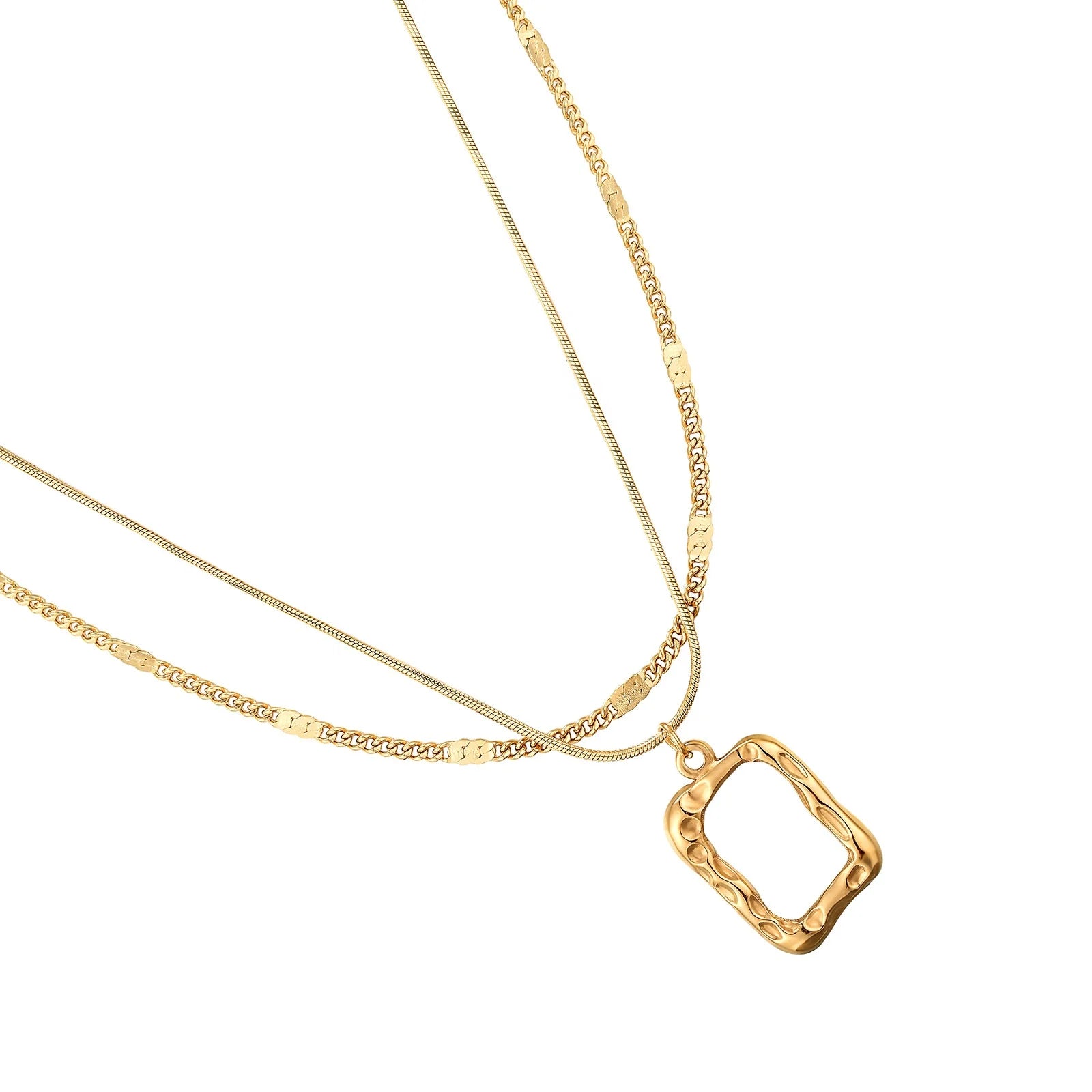 18K Gold Plated Necklace Retro Vintage Hammered Style Double Layers Stainless Steel Women Necklace