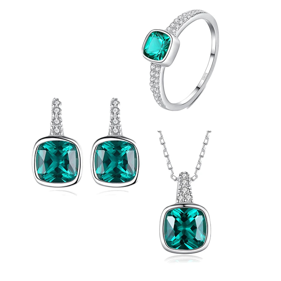 Factory Direct Sales Silver Jewellery 925 Sterling Emerald Zirconia Wedding Accessories Ring Earrings Necklace Jewelry Set