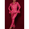 2024 New Womens Pajamas Ruffled Long Sleeve Elastic Waist Pajamas Solid Stripe Printed Satin Two Piece Sets