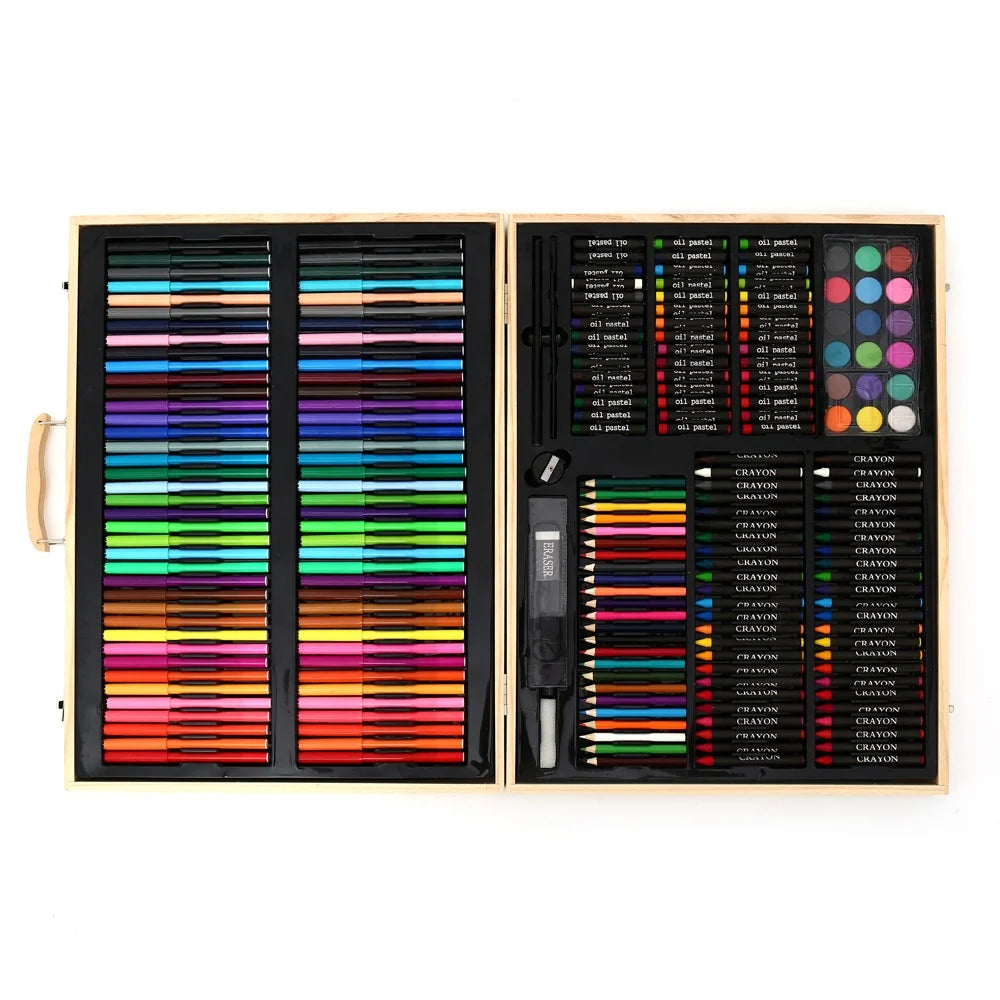Popular 220PCS Wooden Children Drawing Set Painting Art Water Color Pen Crayon Oil Pastel for Kids Toddlers Gift