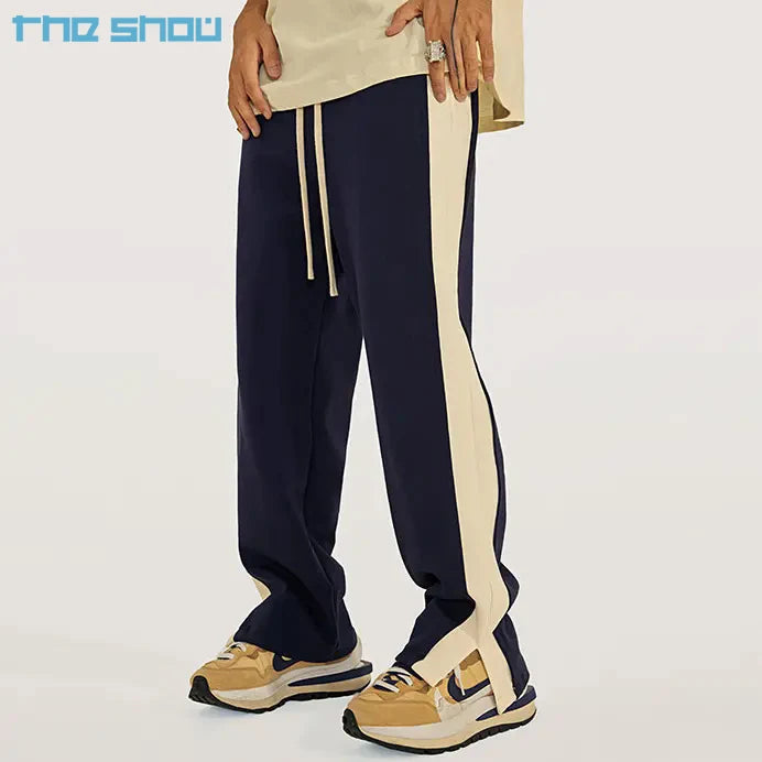 Customized Oversized Blank Sweatpants Men Split Side Bottom Color Block Straight Leg Baggy Stacked Flared Sweats Pants