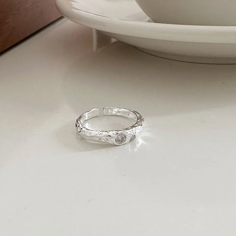 Minimalistic Adjustable Ring Cubic Zirconia Ring Hammered Sterling Silver Ring