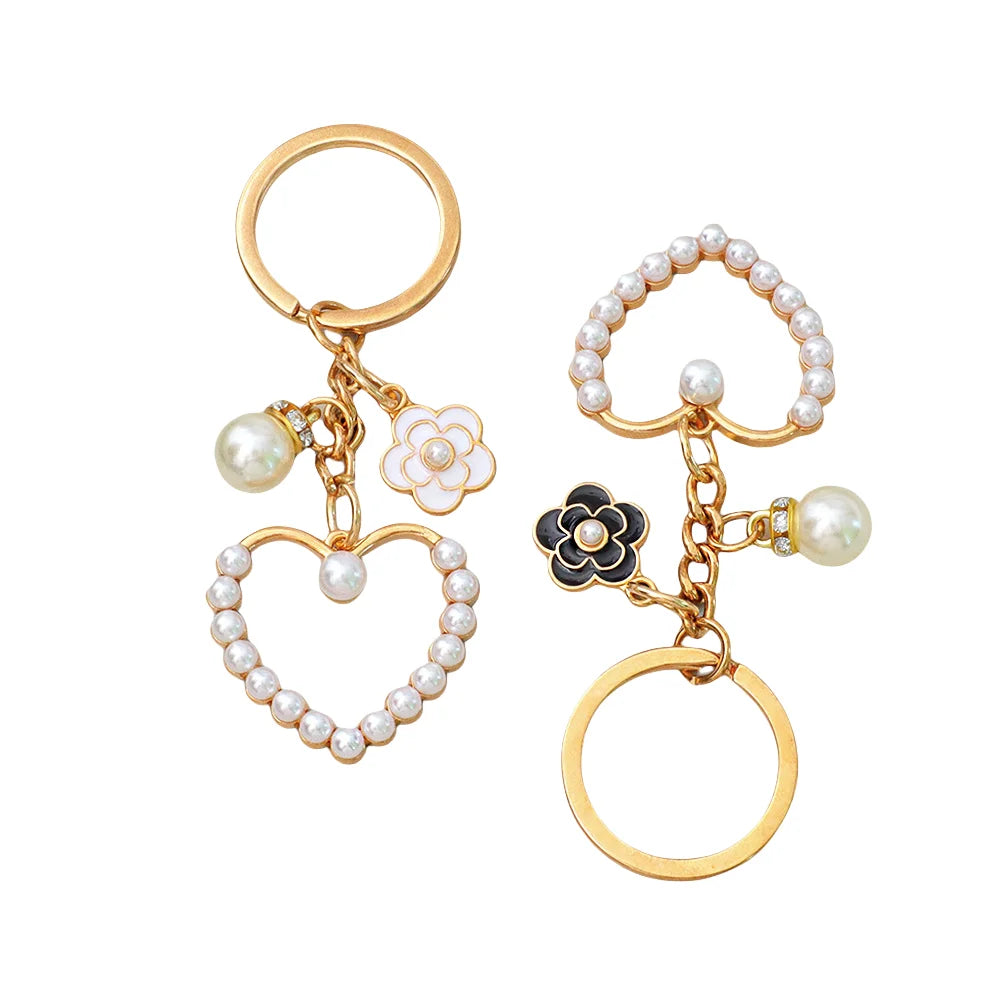 Retro Heart Pendant Keychain Black White Camellia Pearl Pendant Women Purse Handbag Accessories Trendy Car Keyring Travel Gift