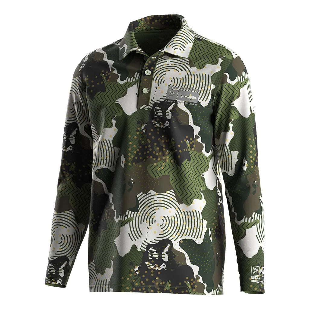 Men's Quick Dry Long Sleeve Camo Polo Golf Shirt Pique Collared Jersey for Hiking Fishing Other Outdoor Waterproof Breathable