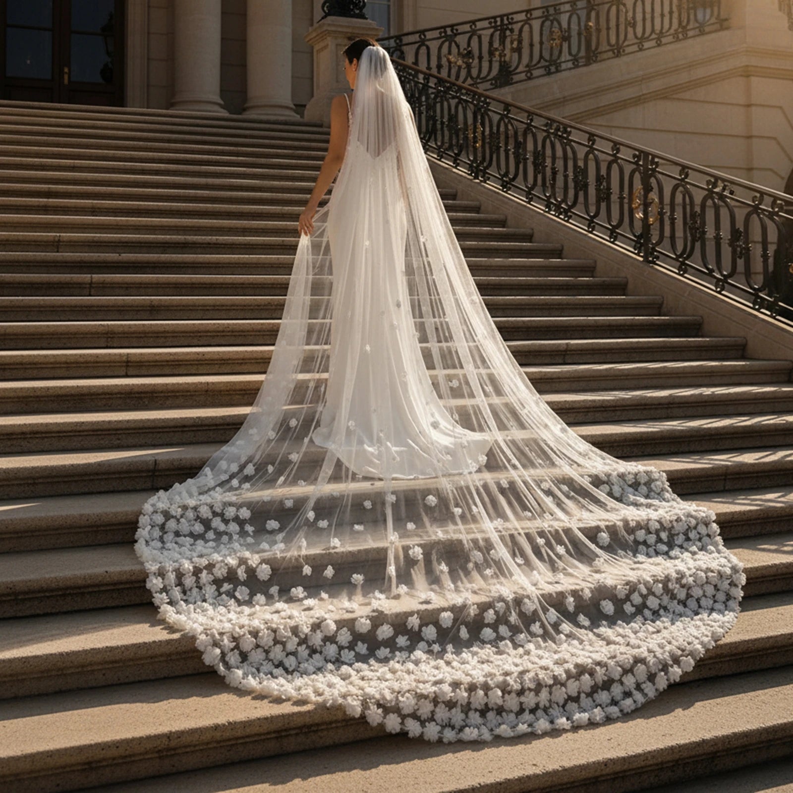 YouLaPan V93-L Hand Stitched 3D Organza Petal Veil Long Single Layer 3M Bridal Cathedral Wedding Luxurious Veil