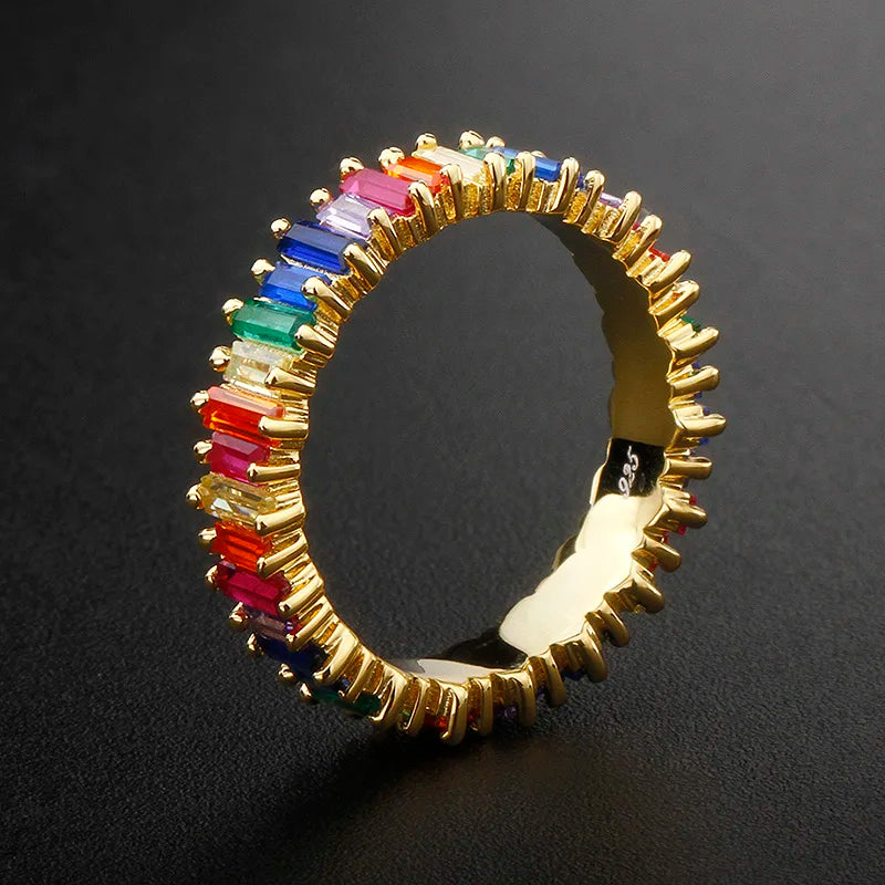 Hot 925 Silver Jewelry Women 2023 rainbow Color baguette Diamond Eternity Ring Wholesale 18k Gold Colorful Cubic Zirconia Rings