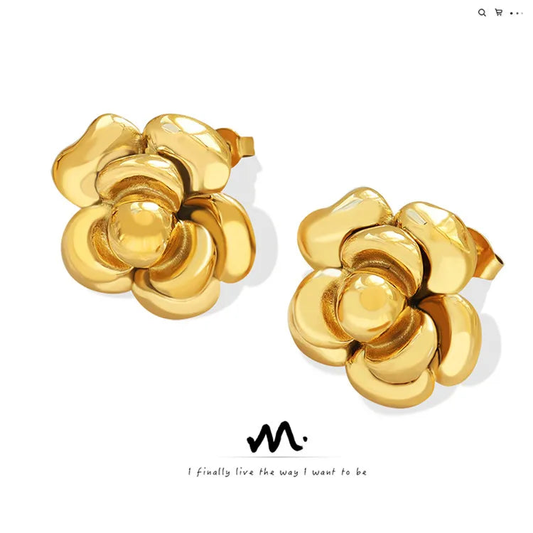 Factory Wholesale Exaggerated Retro Women Fashion Charm Big Flower Shape 18K Gold Plated Stainless Steel Earrings