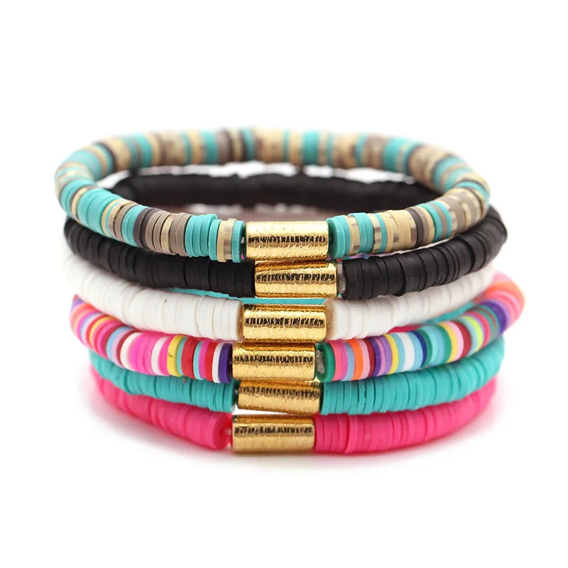 Bohemian Chic Soft Polymer Clay Beads Beaded Elastic Inspire Metal Tube Bead Charm Bracelet Jewellery Women