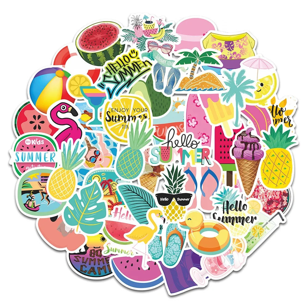 50PCS Summer Fresh Ins Stickers Cartoon Cute Girl Heart Watermelon Decals Diary Notebook Mobile Phone case Decoration Stickers